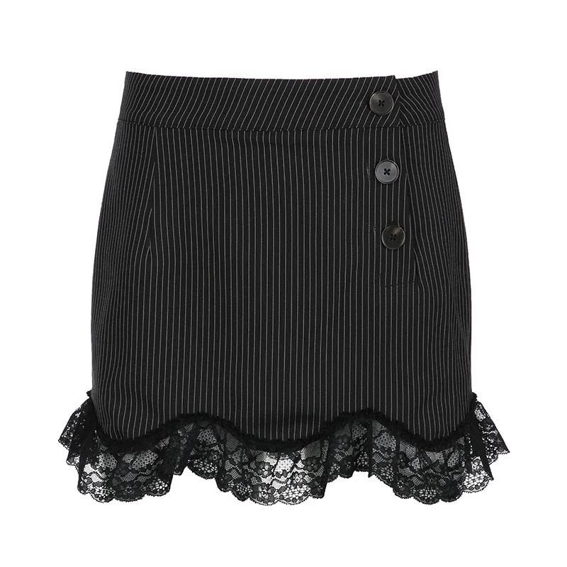 Summer spicy girl new lace wave patchwork striped button short skirt