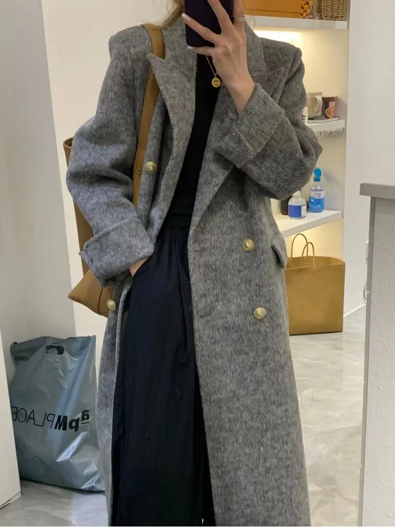 Grey Suit Collar Woolen Coat for Women\'s Autumn and Winter New High-end Fashion Knee Length Thickened Woolen Coat  Wool Coat