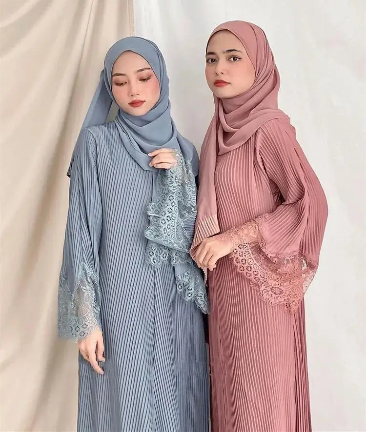 

Robe Abaya Solid Color Pleated Belt Dress Lace Design Loose Hijab Full Sleeve Abaya Muslim Clothes Soft Elegant Islamic Kaftan