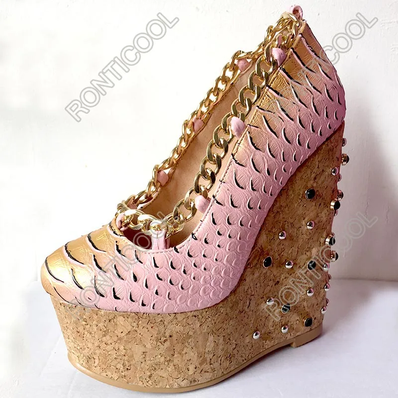 

Ronticool Handmade Women Beautiful Pumps Sexy Gold Chain Wedges Heels Round Toe Pretty Pink Party Shoes Women US Plus Size 5-20
