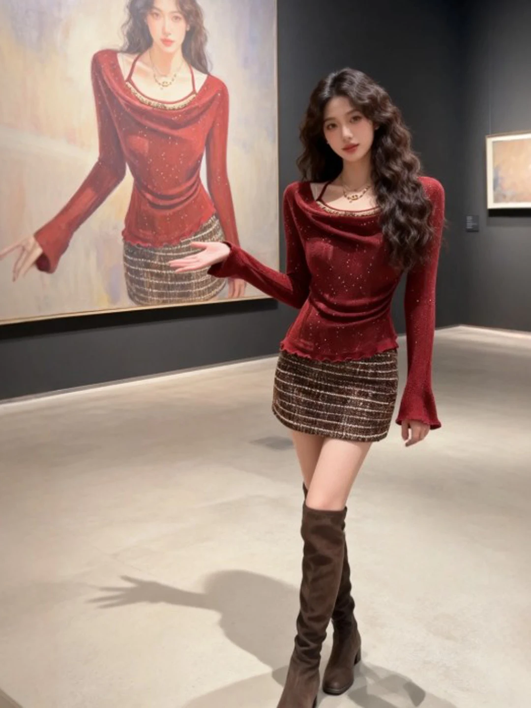 

Retro Ele Red Long Sve Slim Fit T-irt Beautiful Collar Design Spring Faionable Ladies' Top for Various Ocns