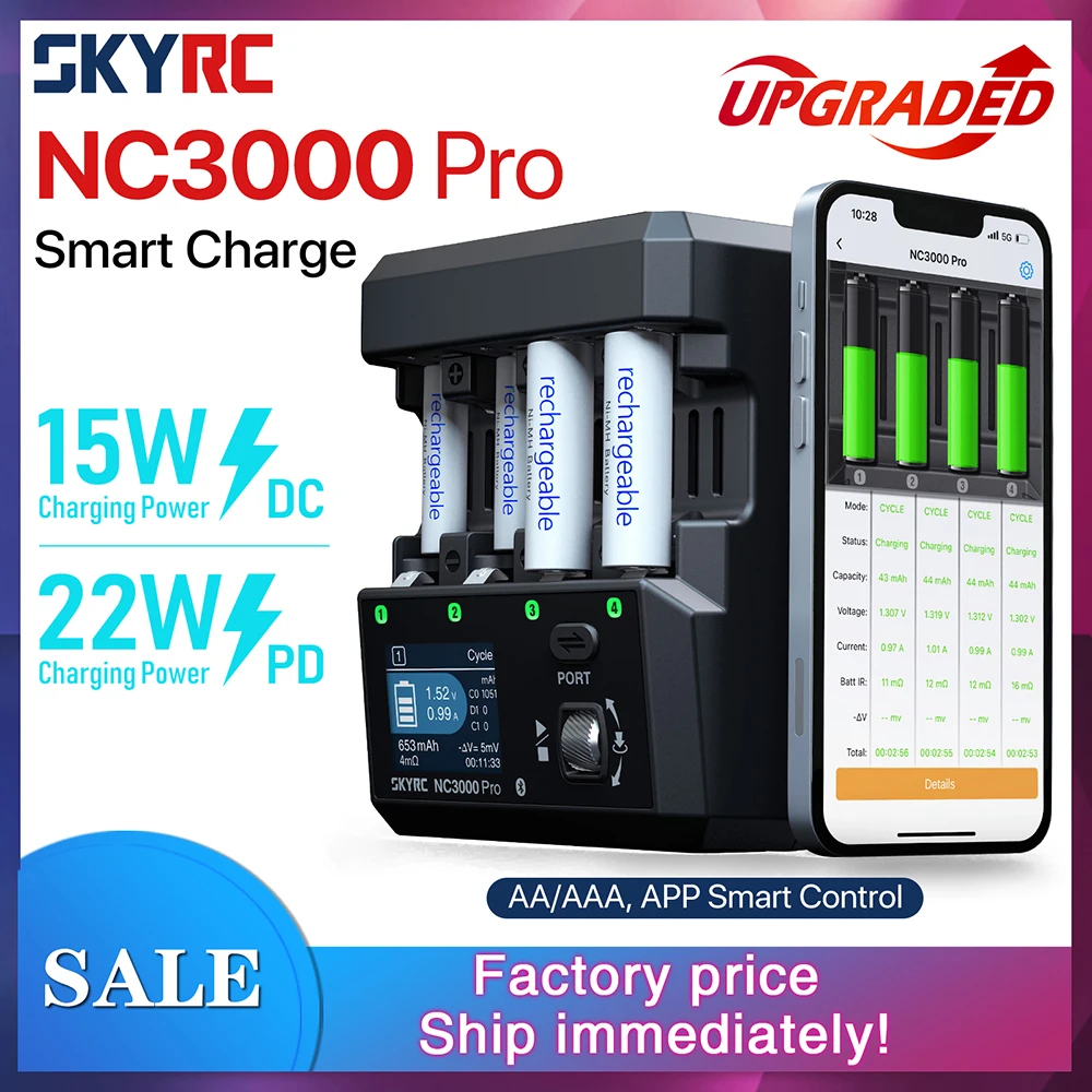 NEW SkyRC NC3000 Pro NiMH NiCd Battery Charger PD/QC AA/AAA Smart Battery Charger 4-slot LED Screen APP Control Charger Discharg