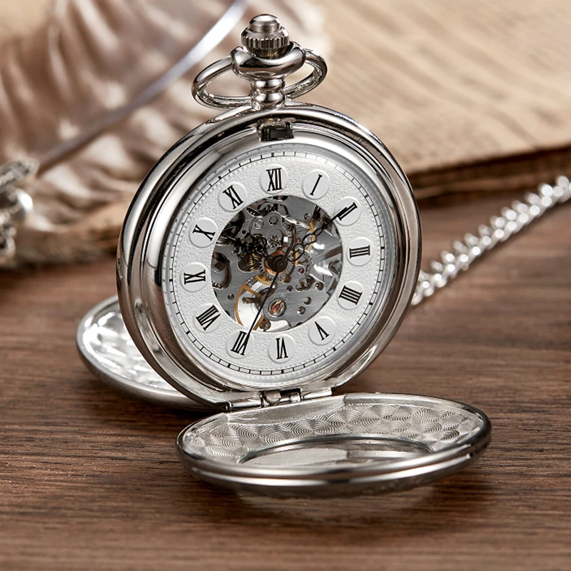 New Retro 2 Sides Flip Cover Carving Roman Numerals Mechanical Pocket Watch For Men Women Fob Hand Wind Mechanical Chain Pendent