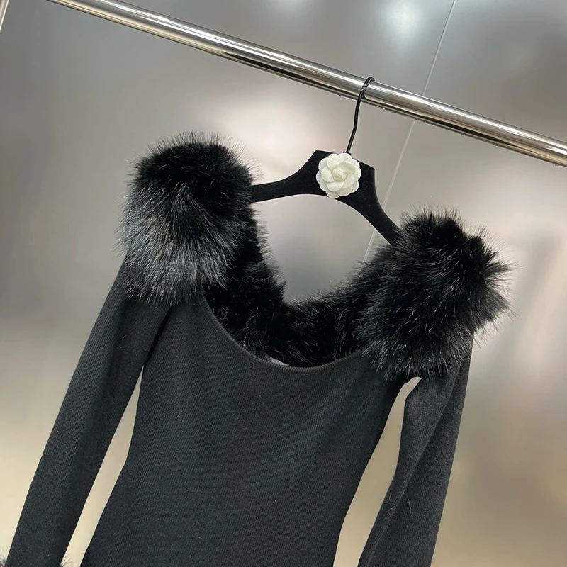 DEAT Women's Black Dress 2024 New Autumn Large Round Neck Fur Spliced Design Straight Slim Knit Long Sleeve Dresses 11XX6154