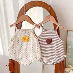 Summer Baby Sling Jumpsuit for Boys Girls Cute Flower Bear Striped Newborn Romper Cotton Infant Clothes Korean Toddler Onesies