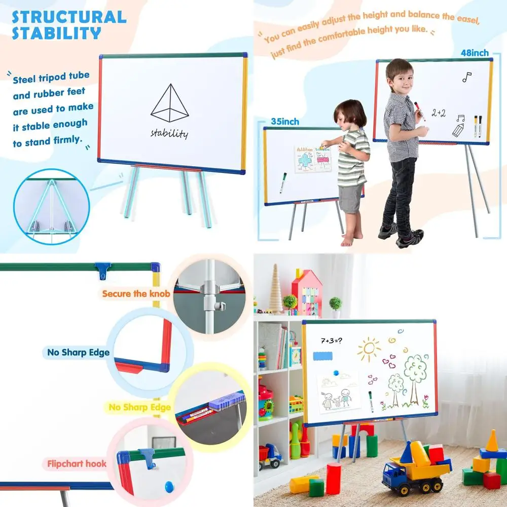 لوح مسح جاف مغناطيسي مع حامل للأطفال، 36 × 24 بوصة، سبورة بيضاء بحامل للفصل الدراسي بإطار ملون