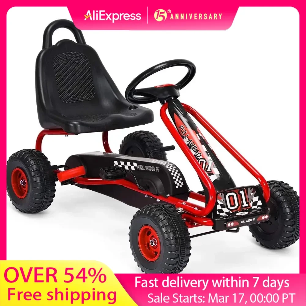 Go Kart for Kids with Steering Wheels & Adjustable Seat, Safety Hand Brake, Non-Slip Tires, 4 Wheel Pedal Powered Go Cart