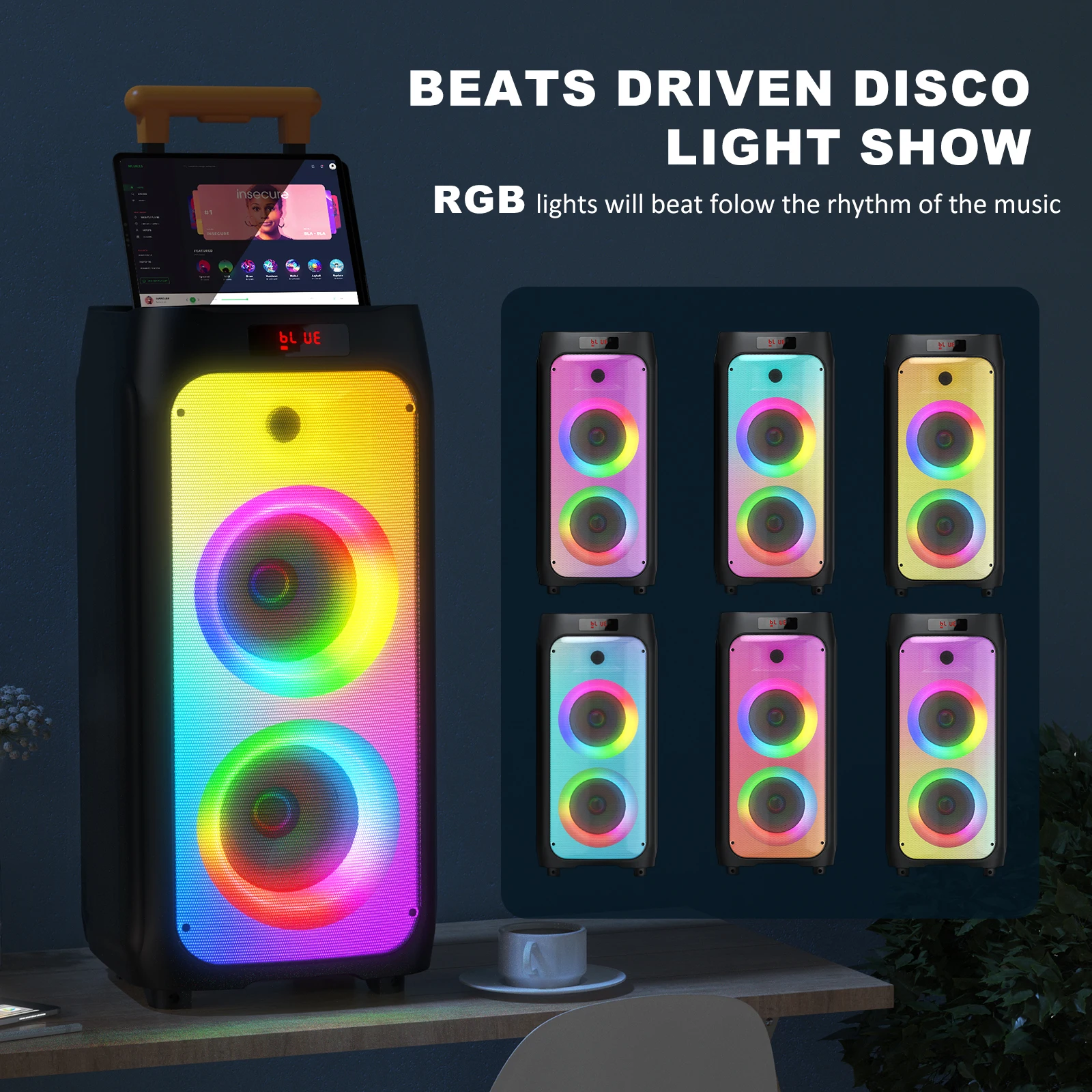 Système de karaoké T8 avec 2 microphones sans fil, grand haut-parleur Bluetooth avec roues et lumières Disco, système PA de caisson de basses