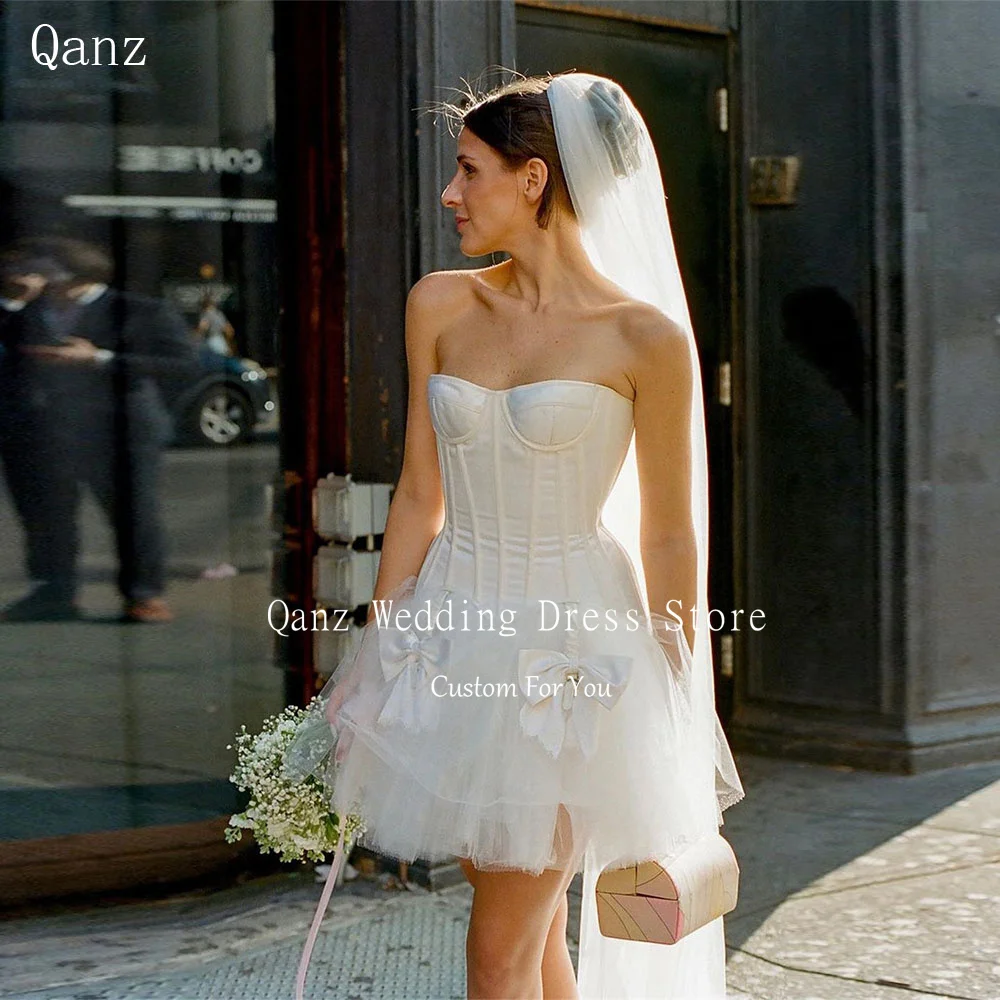 

Qanz Ladies Elegant Tulle Wedding Dress Sweetheart lace Up Back A Line Short Mini Bridal Gowns Big Bow Bone Robes Mariage 2024