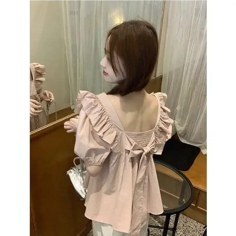 

Рубашки и блузки с бантом, корейская модная женская блузка с квадратным воротником, 2024, пышные рукава, оборки, женский топ, женская однотонная одежда