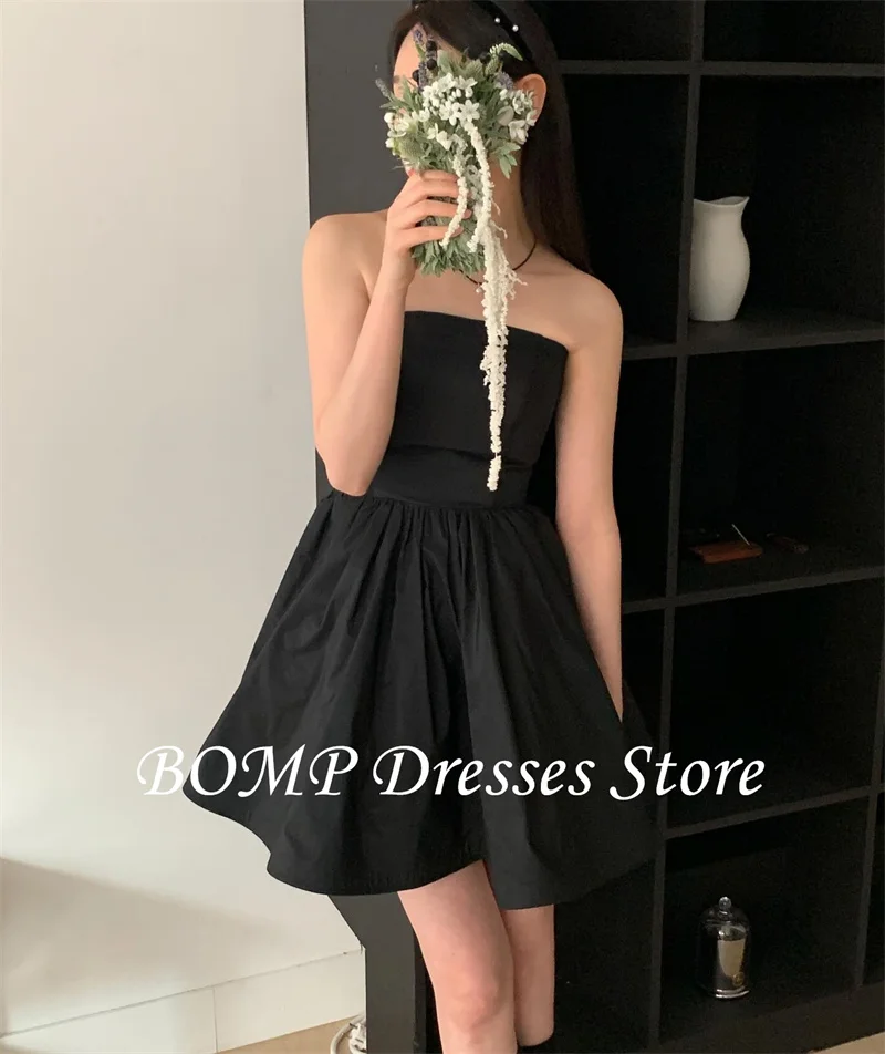 BOMP Simple Black Mini Party Dresses With Tulle Bolero Strapless Taffeta Korea Wedding Photo shoot Corset Back Dress Customized