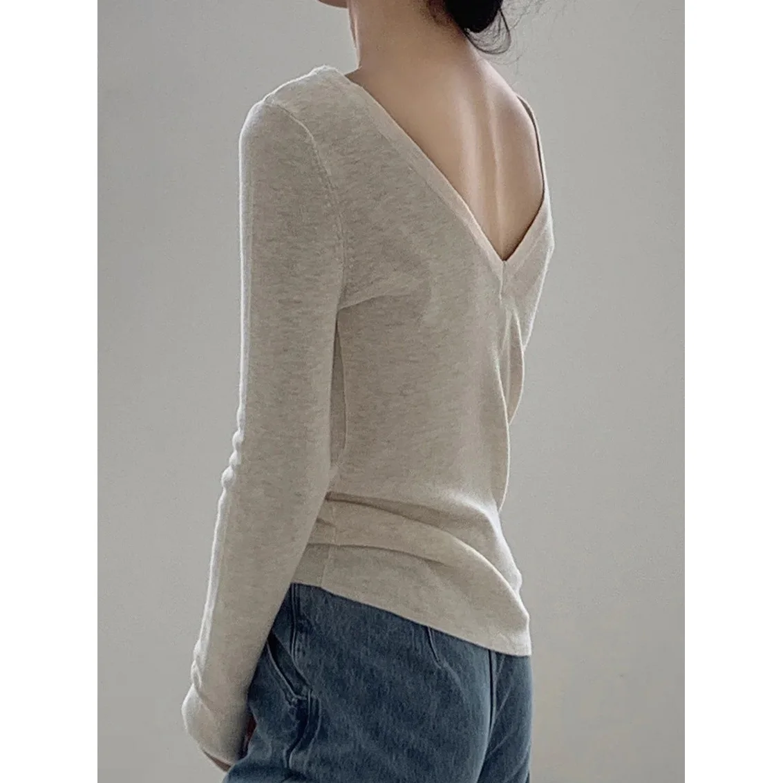 Knit T Shirt Women Long Sleeve Low Back Cotton Scoop Neck Sweater Slim Fit