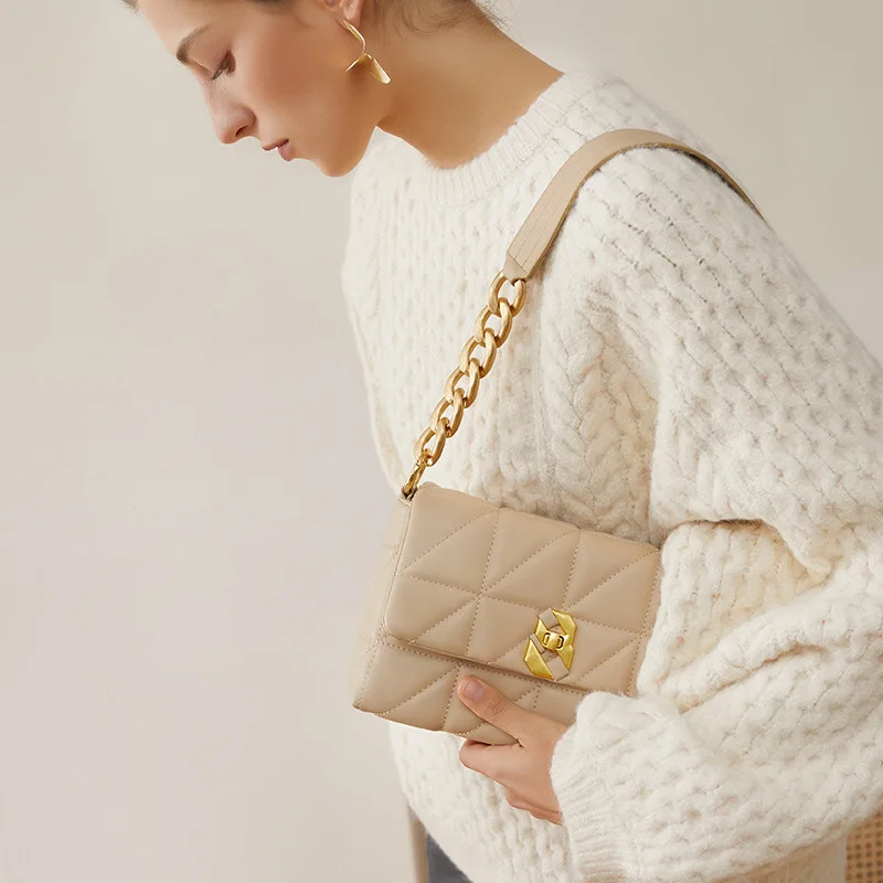 Lingge-Bolso con cadena para las axilas para mujer, de piel auténtica bandolera, versátil, a la moda, novedad de 2023