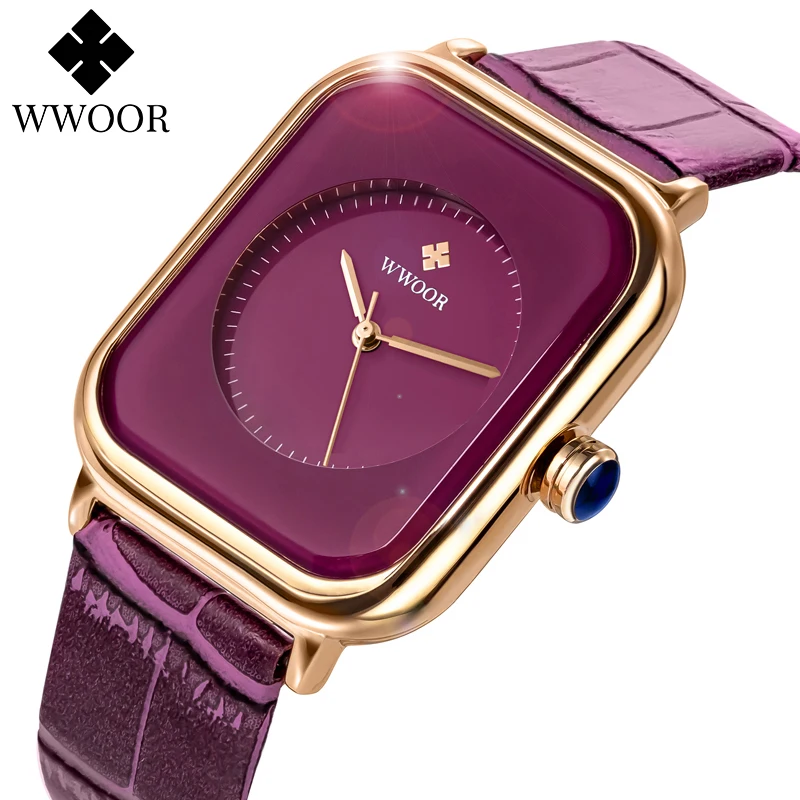 WWOOR Fashion Watch Women Square Quartz Watch Ladies Dress Casual Wrist Watches Purple Leather Waterproof Clock Box Montre Femme