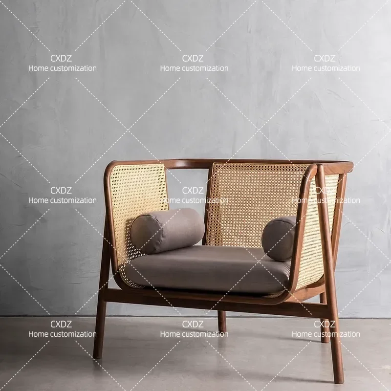 Solid Wood Rattan Leisure Sofa Chair New Chinese Style Home Living Room Single Double Three Person Sofa