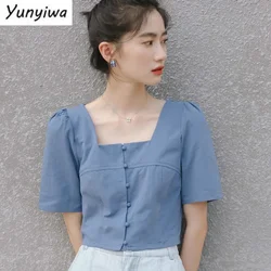 Blouses Women Korean Square Collar Lovely Design College Girls Blouse Slim Single Breasted All-match Sweet Summer Femme Crop Top