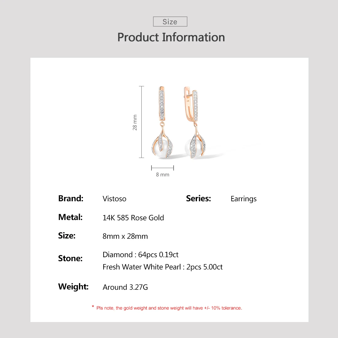VISTOSO Real 14K 585 Rose Gold Earrings For Women Fresh Water White Pearl Sparkling Diamonds Dangling Party Elegant Fine Jewelry