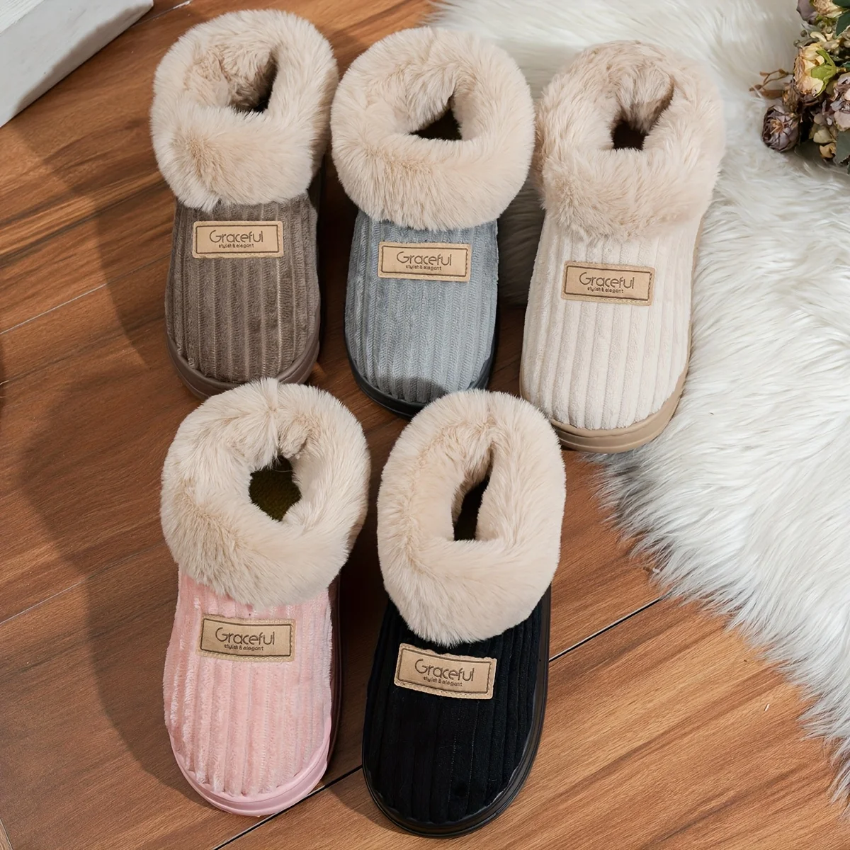 Winter Warm Non-Slip Slippers, Thick-Soled Indoor/Outdoor House Shoes with Soft Cushion & Cozy Heel, Hand Washable (White/Grey)