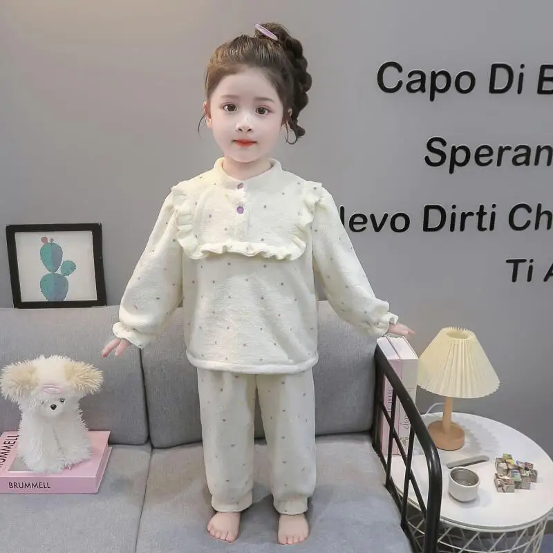 Hot Girl Winter Pullover Pajamas Two-Piece Set Autumn Thicken Flannel Tops Pants Child Kawaii Fashion New Style Casual Clothing