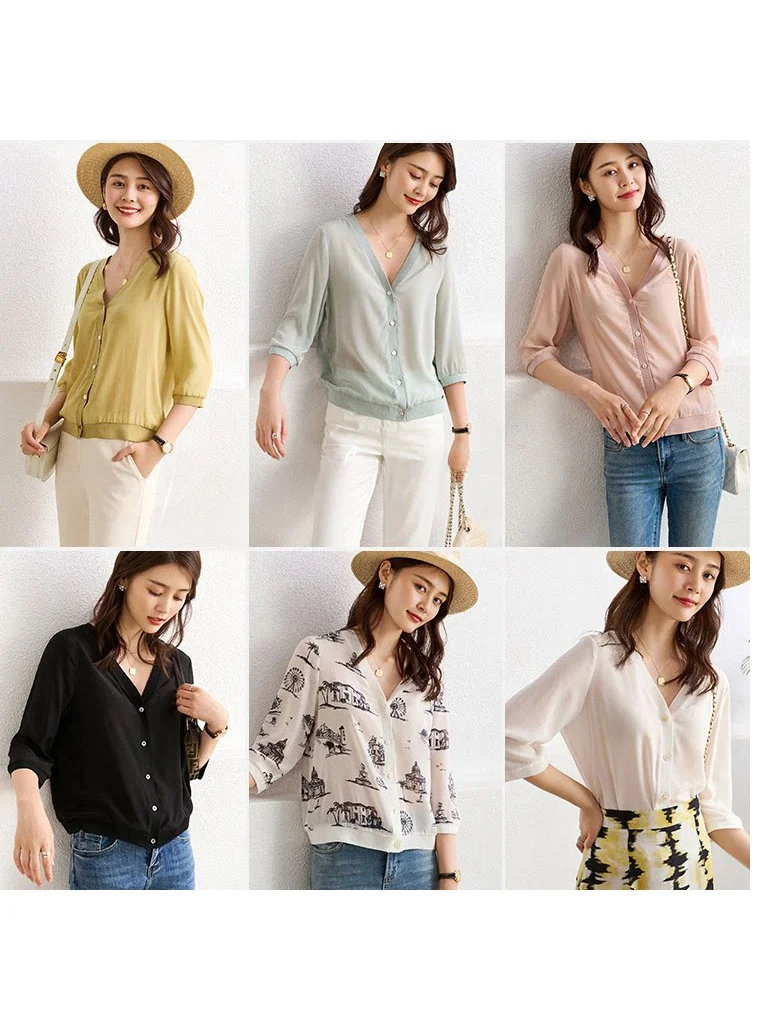 

Женская блузка Ningxia Jian из двойной марли с V-образным вырезом и рукавом 3/4, легкая, приятная к телу, весенняя мода