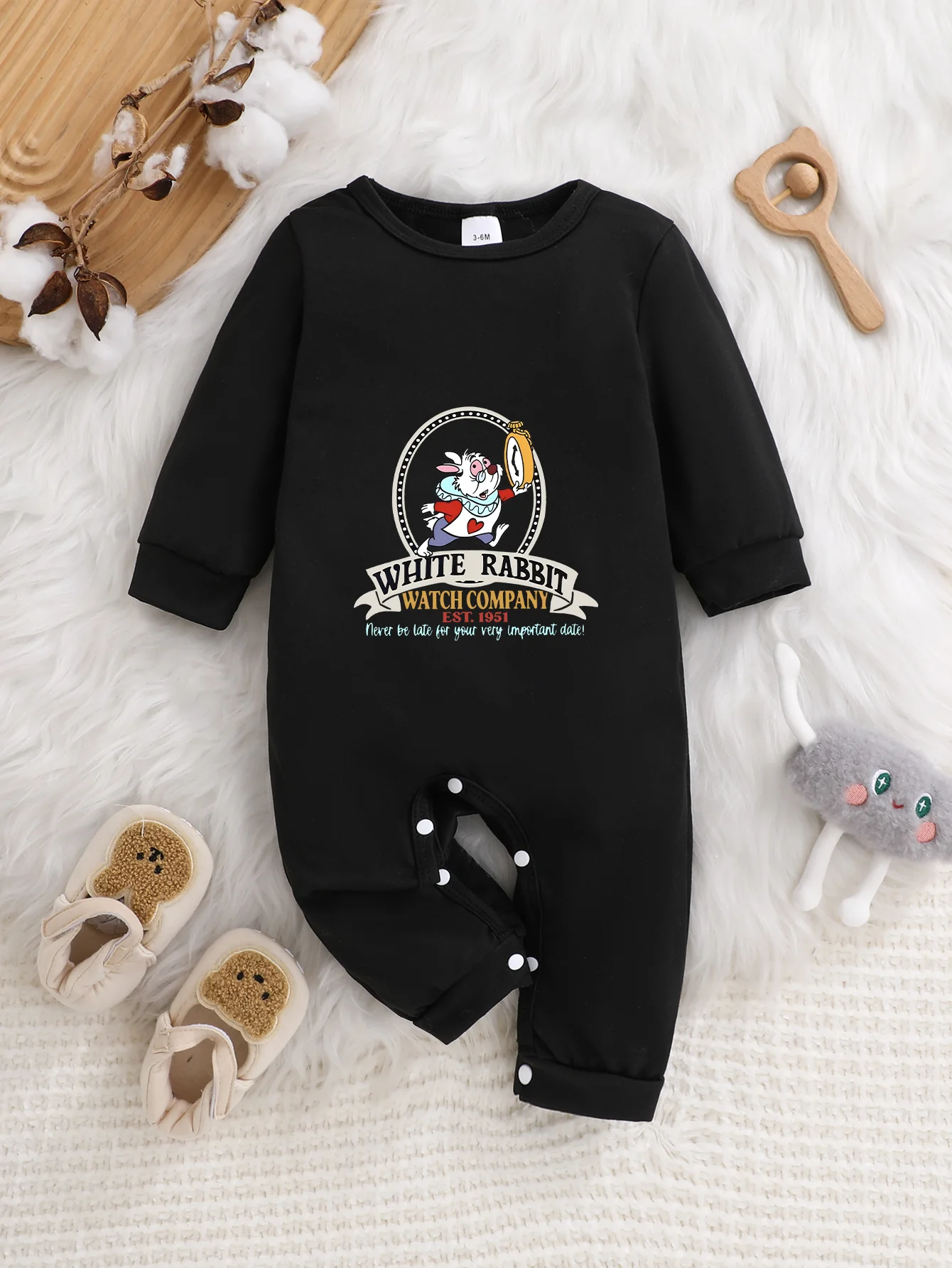 

【Officially Licensed】 Disney White Rabbit Baby Long-Sleeve Romper: White Rabbit Watch Company Print, Soft Comfortable Fabric