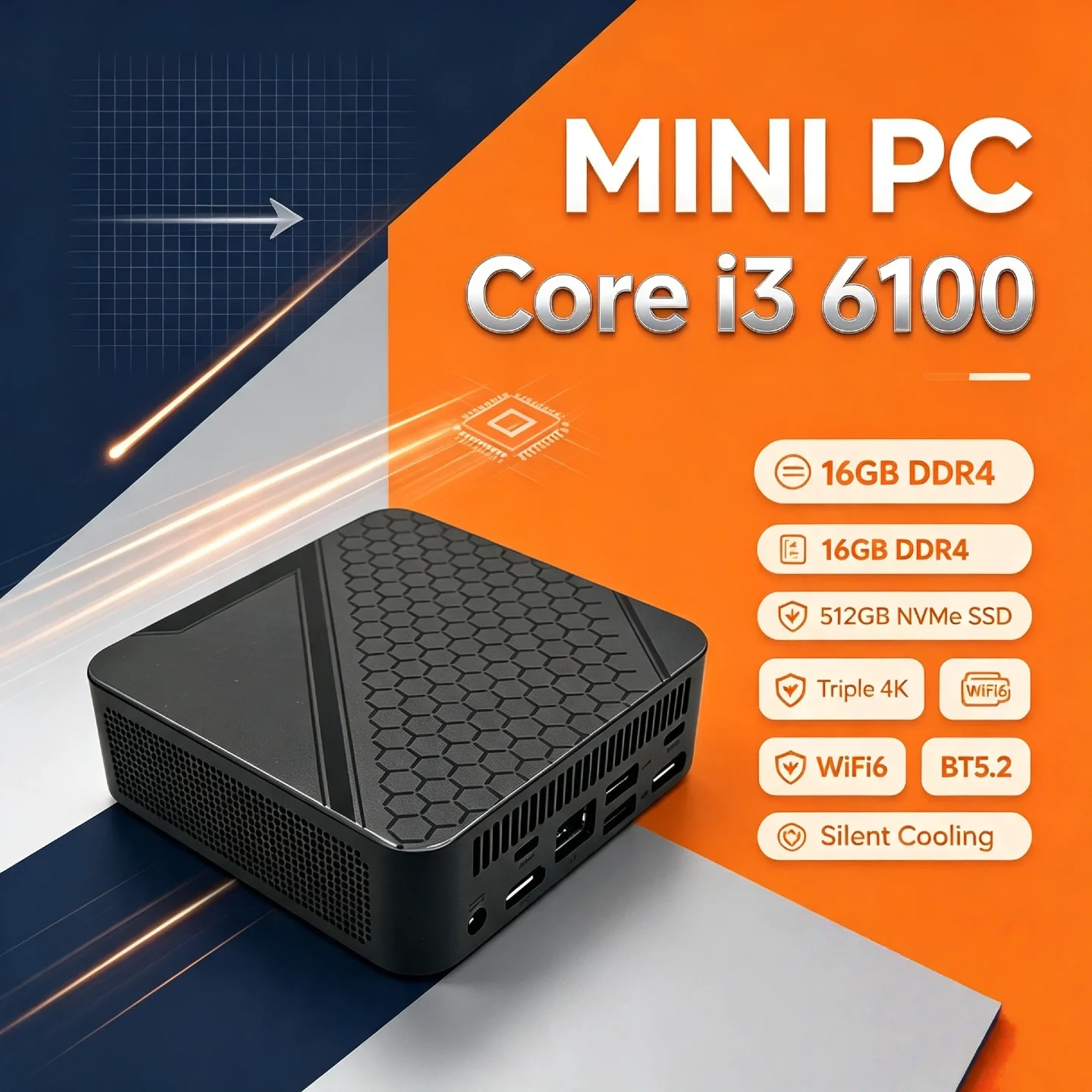 Office Home Pro 2026 Intel Core i3 6100 Portable Mini PC 16GB DDR4 M.2 NVMe SSD 512GB Triple 4K WiFi6 BT5.2 Silent Cooling