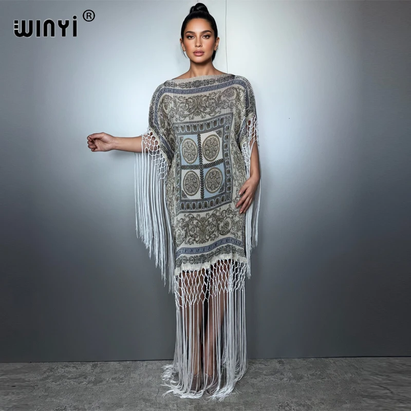WINYI, vestido plisado de verano con flecos, caftán arrugado a la moda para mujer, bata bohemia holgada para vacaciones, vestido de noche elegante abaya de lujo de Dubái