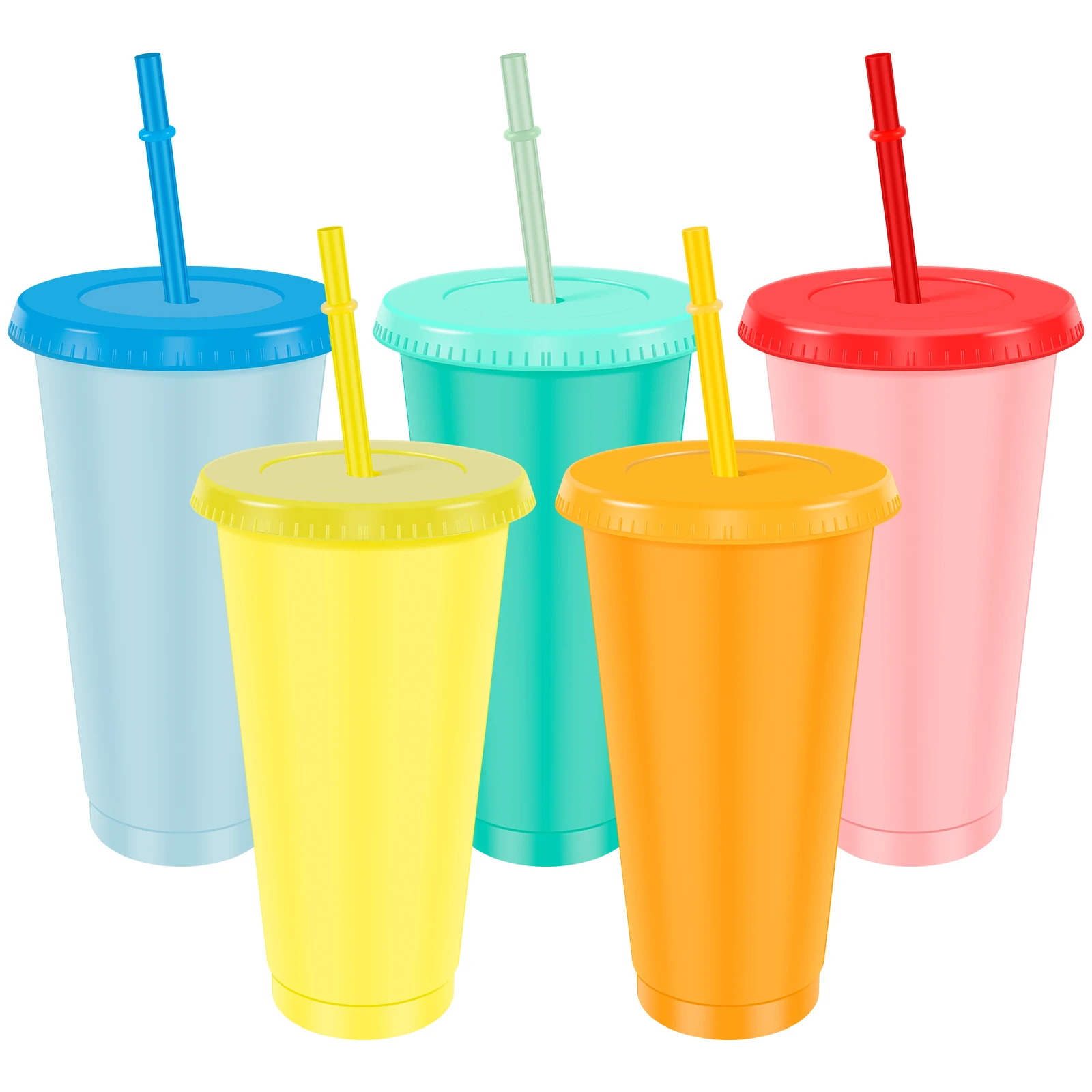 5Pcs Color Changing Cups Plastic Straw Tumbler with Lid 710ml Large Capacity Cold Drinking Cup Colorful Water Bottle Reusable