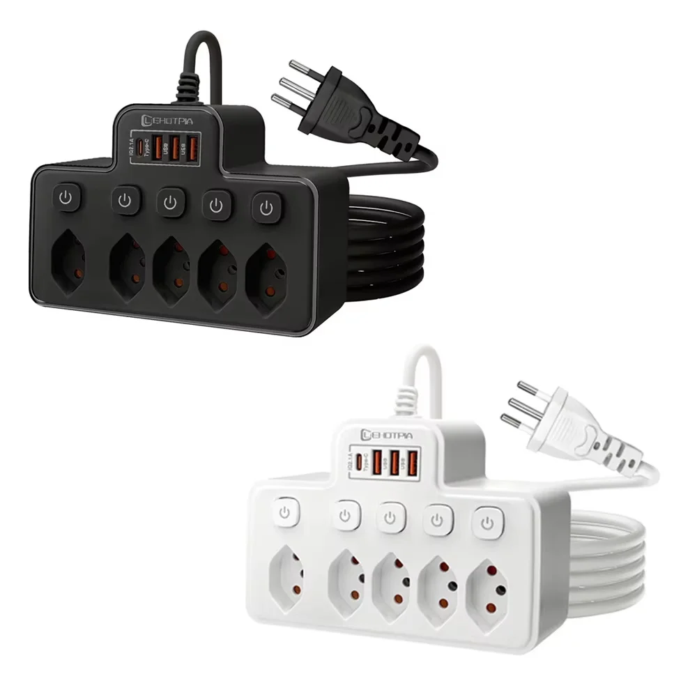 Swiss Power Strip 5 AC Outlets Independent Switch 3 USB‑A + Type‑C Charging Port 1.8M Cable 2500W 10A CH Swiss Type‑J Standard
