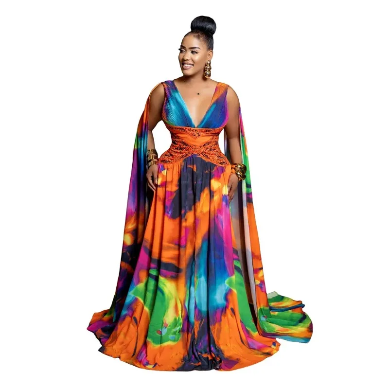 

Dashiki African Party Evening Dresses for Women Autumn Elegant African Sleeveless V-neck Printing Long Maxi Dress Gowns Outfits
