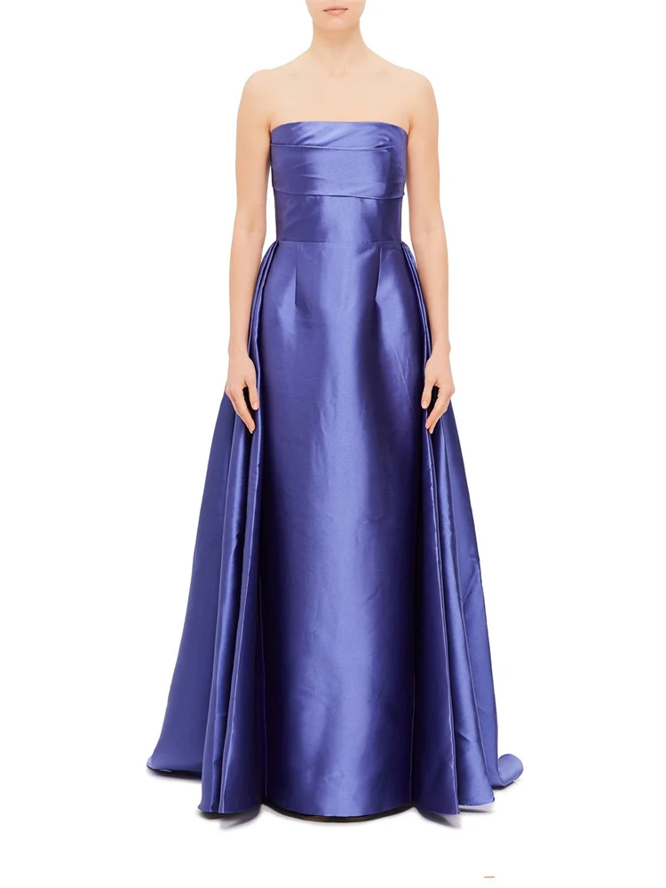 

New Arrival Strapless Neckline Satin Column Evening Dress Elegant Open Back Zipper Floor Length Sweep Train Gown For Women 2024