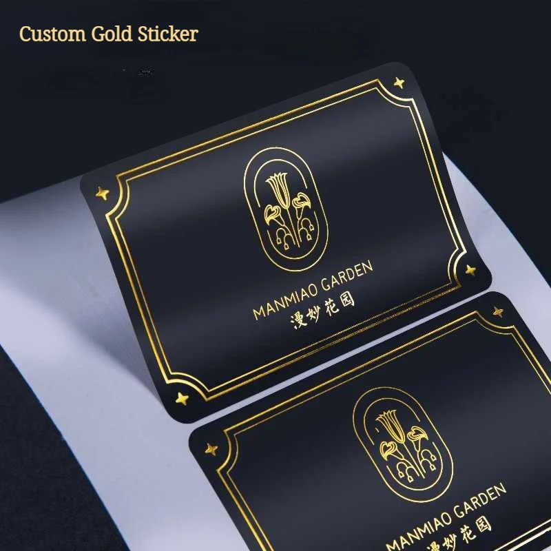 

200PCS Custom Waterproof Gold Self-adhesive Label Metallic Stickers Printed on Black/white/Transparent PVC Stickers Die Cut