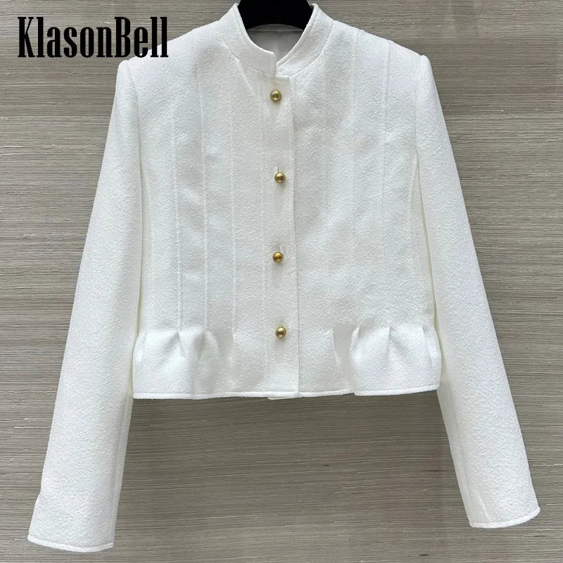 

9.7 KlasonBell Women Clothes Solid Color Quilted Ruffle Pearl Button Jacket Stand Collar Long Sleeve Outerwear