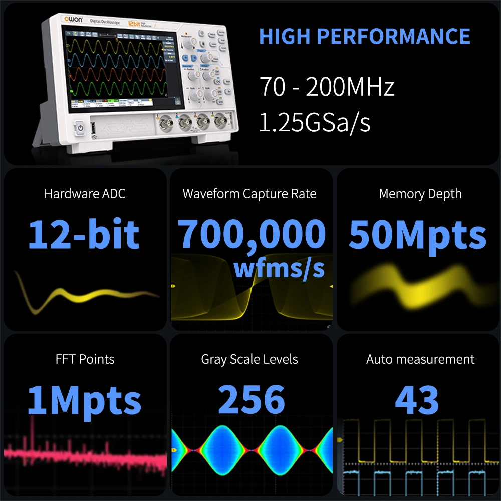 OWON ADS800A 2/4CH Bench Oscilloscope 70-200MHz 700000wfms/s Waveform Capture UART I2C SPI CAN LIN Bus Decoding Electronic Debug