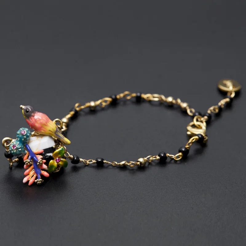 

New Design Sense Hand Colored Glaze Seven-color Bird Cactus Flower Two-color Stone Fringe Pendant Beads Bracelet Jewelry Women