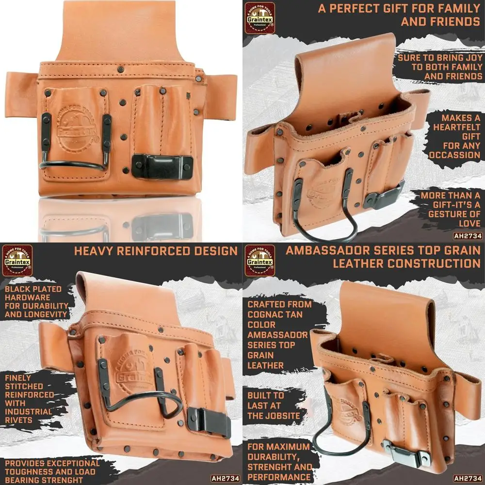 

Professional Grade Leather Multi-Tool Pouch with Hammer Holder and Steel Tape Measure, Durable for Tradesmen