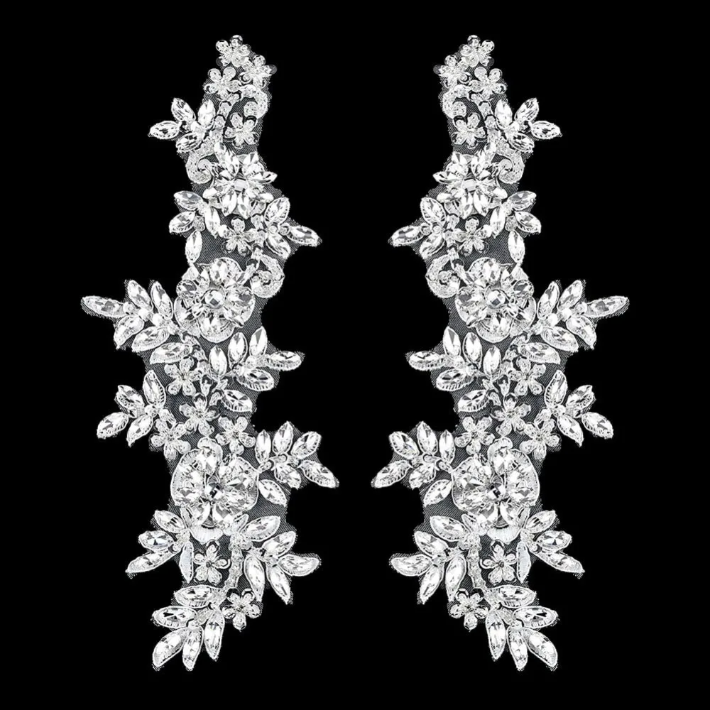 1 Pair Beaded Rhinestones Clothing Appliques Patch Sewing Beads Stones Trim lace Patches Handmade Silver Flower Rhinestones