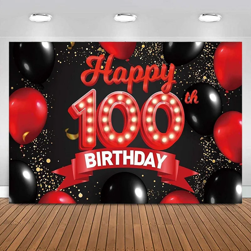 幸せな100歳の誕生日の赤と黒のバナーの背景の装飾、女性と男性のための風船のテーマの装飾、写真の背景