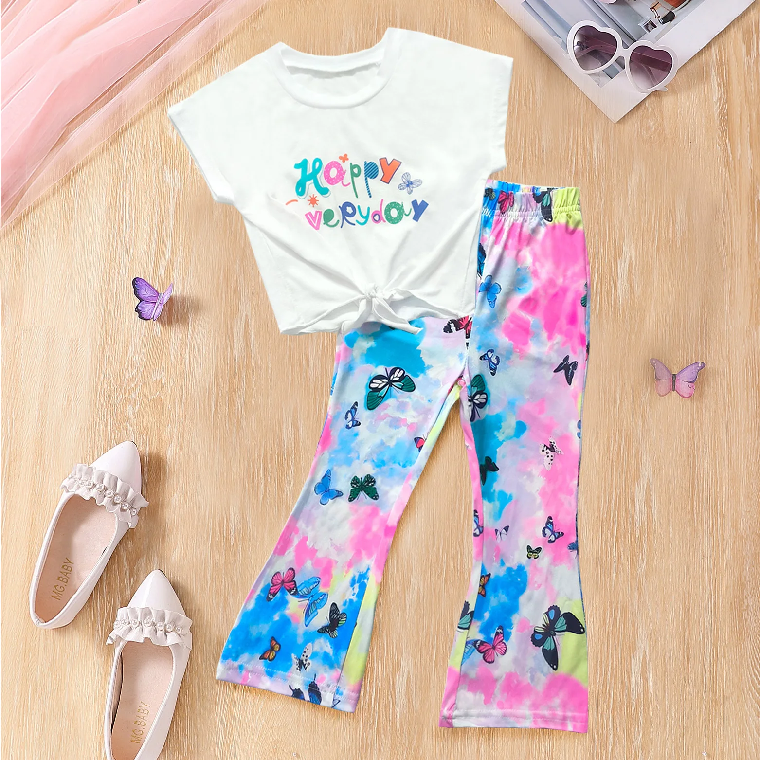 

Summer Fashion Kids Girl Clothes 2PCS Set Cotton Printed Tops Tie Dye Flared Pants Children's Clothing Suit for Girls 1-8 Years