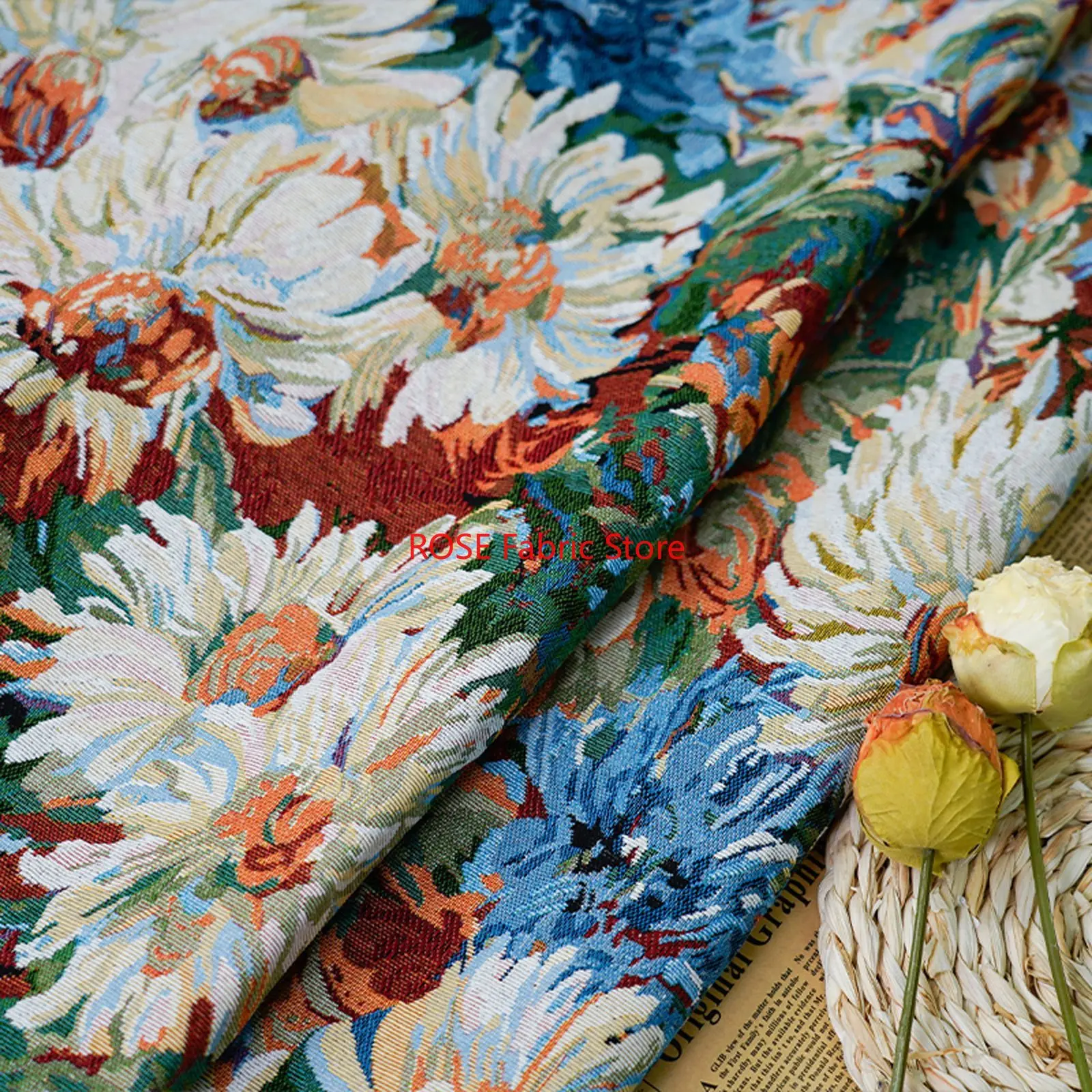 1 Meter Retro Oil Painting Style Thick Coarse Jacquard Fabric Luggage Bag Table Cloth Home Textile Decorative Sewing Fabric