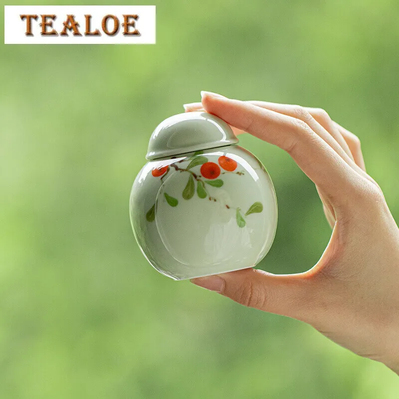 

110ml Hand Drawn Persimmon Ruyi Ceramic Tea Box Organizer Moisture-proof Portable Mini Storage Tank Containers Small Tea Caddy