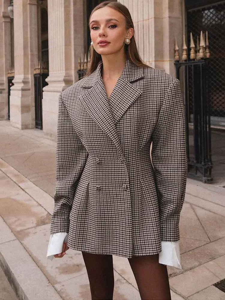 BKQU Plaid Elegant Double Breasted Suit Jacket Women Lapel Full Sleeve Slim High Waist Blazer Dress 2025 Chic Street Outerwear