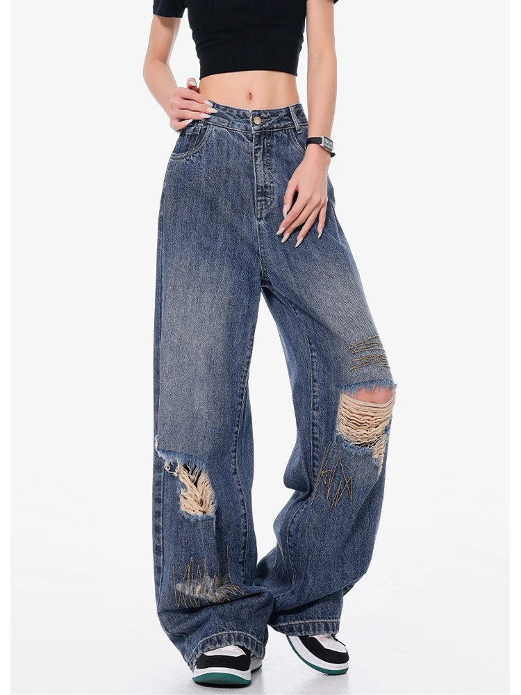 

Women's Knee Hole Design Retro High Waist Jeans Summer New Personalized Trousers Cool Girl Casual Bottoms Female Street Pants