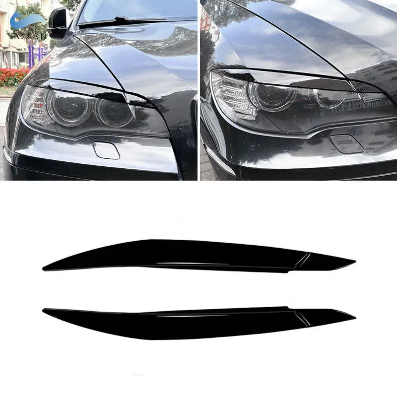 2pcs Glossy Black ABS Car Headlights Lamp Eyebrow Eyelids Decoration Trim For BMW X6 E71 2008 2009 2010 2011 2012 2013 2014
