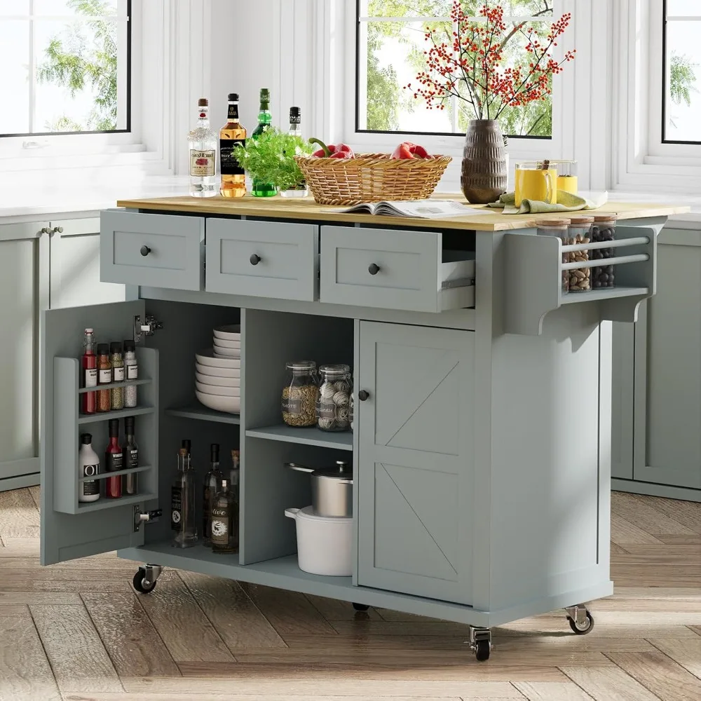 Mobile Kitchen Island on Wheels, Rolling Kitchen Island Cart with Drop Leaf,  Cabinet