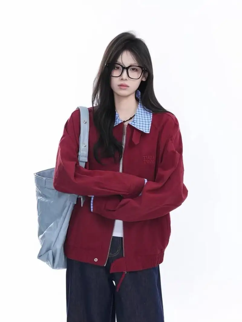 grid splice Fake two-piece set hoodie Women's autumn Spring new model loose leisure versatile thin version tops elegance