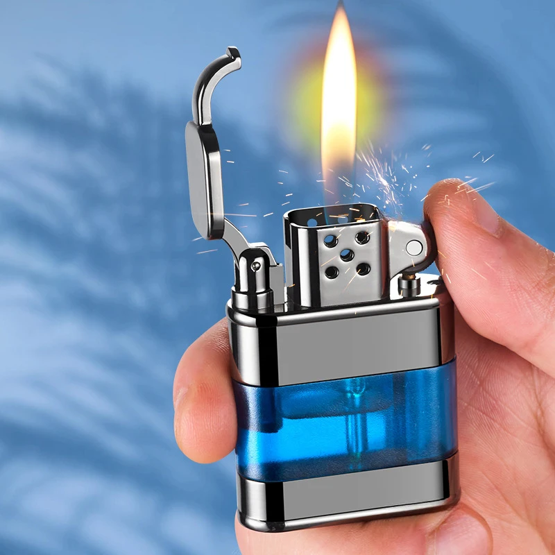 New unusual lighter transparent window grinding wheel ignition open flame lighter retro metal inflatable lighter birthday gift