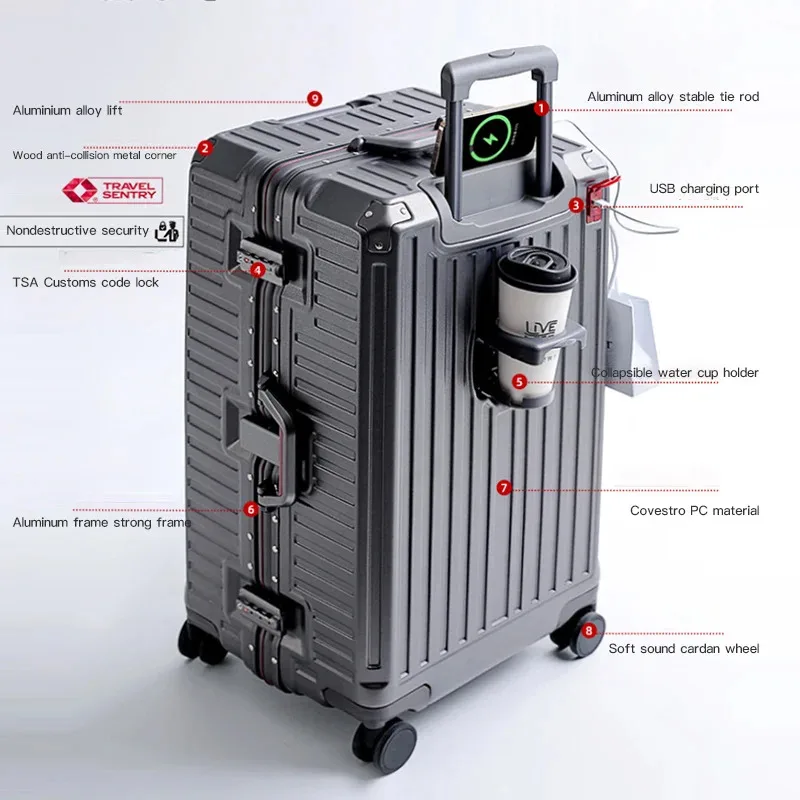 

2026 Suitcase Wide Handle Travel Suitcase Men 20 24 26 Carry-On Luggage Women PC Aluminum Frame Trolley Case