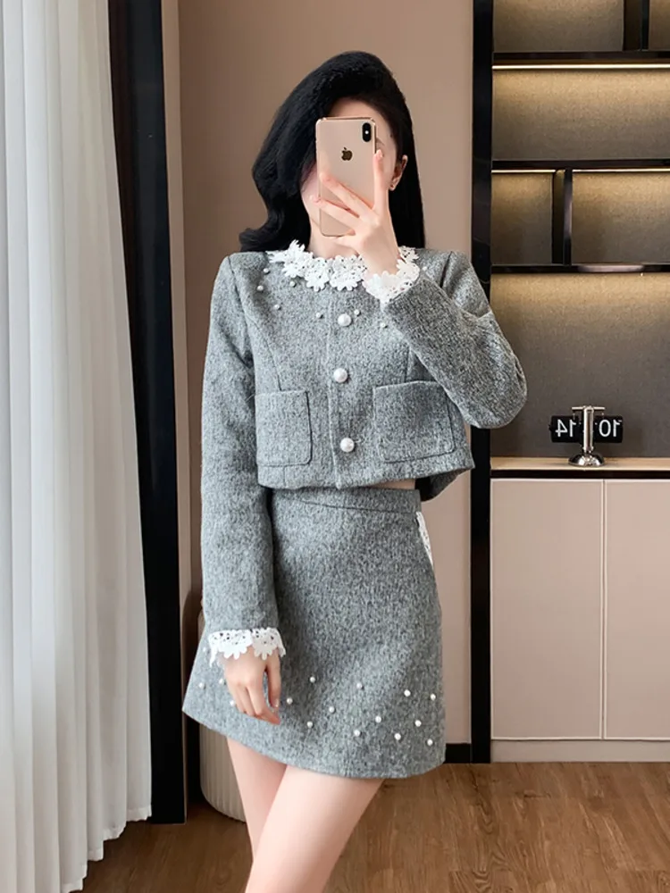 

High Quality Winter Small Fragrance Two Piece Set Women Short Jacket Coat + Skirt 2 Piece Sets Women Outfit Conjuntos Femininos