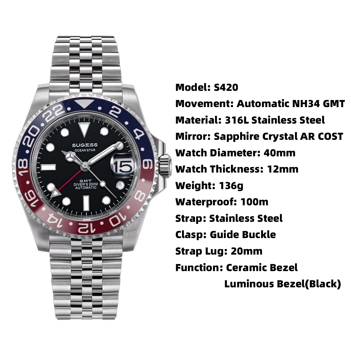 Sugess GMT Diving Watch of Men Automatic Mechanical Waterproof Wristwatches Japan NH34 Movement Ceramic Bezel Jubille Band New